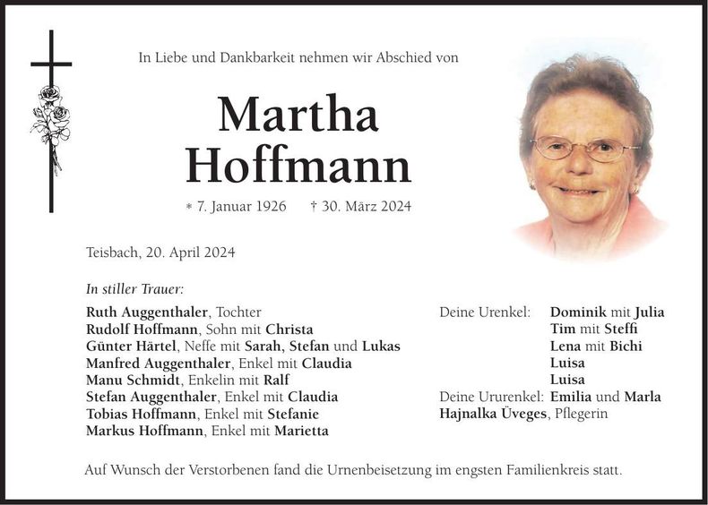 Traueranzeige Martha Hoffmann