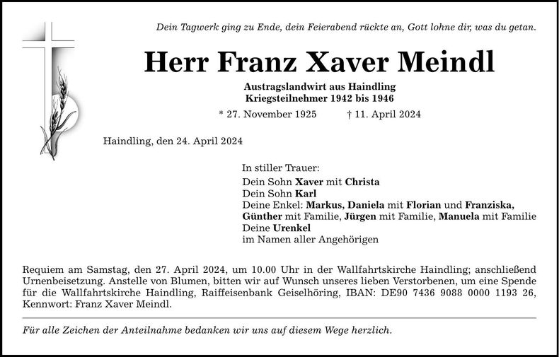 Traueranzeige Franz Xaver Meindl