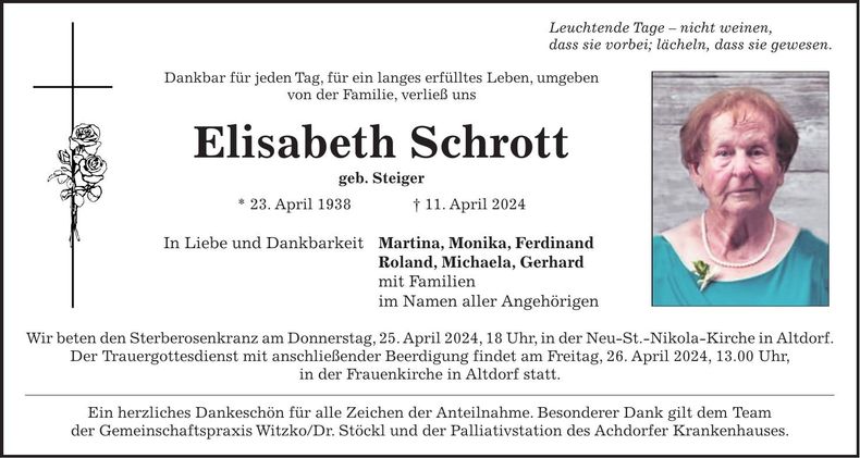 Traueranzeige Elisabeth Schrott