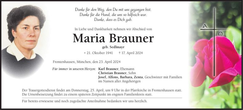 Traueranzeige Maria Brauner