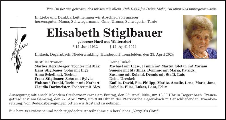 Traueranzeige Elisabeth Stiglbauer