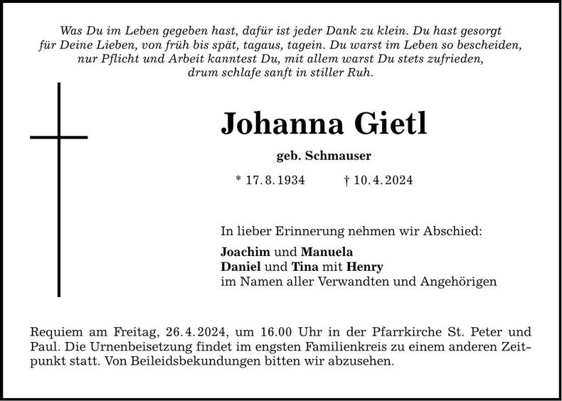 Traueranzeige Johanna Gietl
