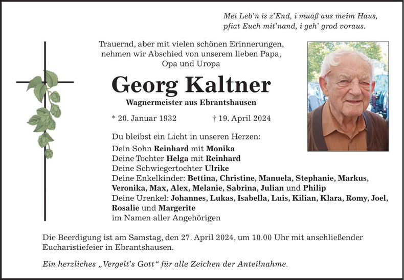 Traueranzeige Georg Kaltner