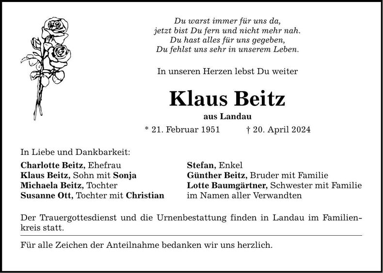 Traueranzeige Klaus Beitz