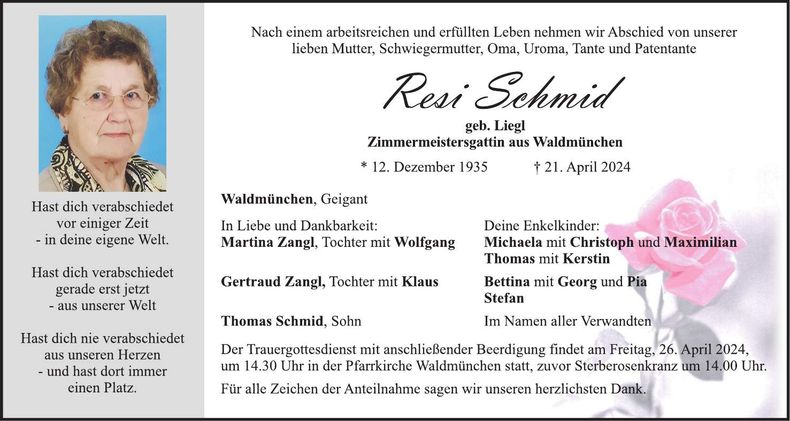 Traueranzeige Resi Schmid