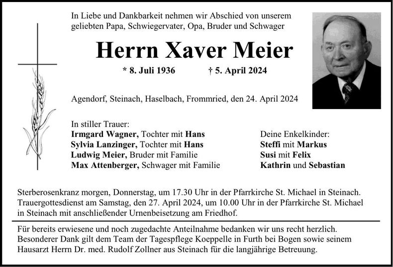 Traueranzeige Xaver Meier