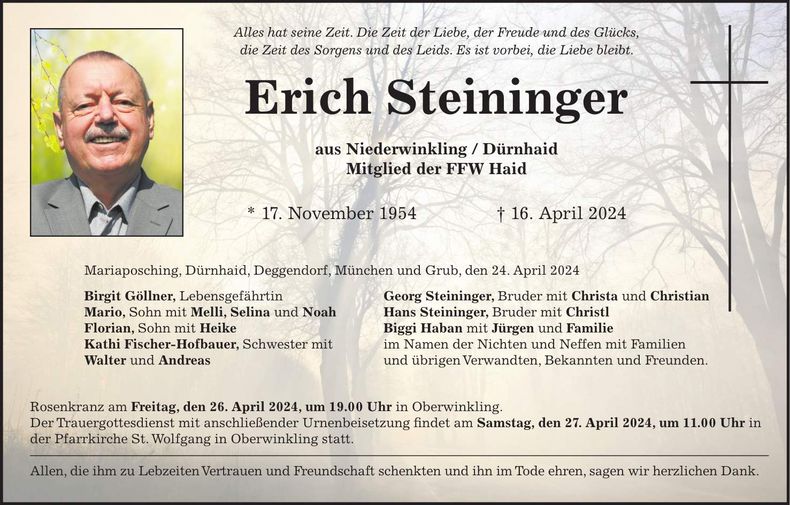Traueranzeige Erich Steininger
