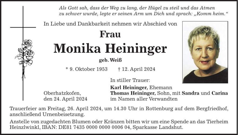 Traueranzeige Monika Heininger
