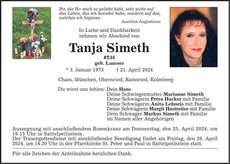 Traueranzeige Tanja Simeth