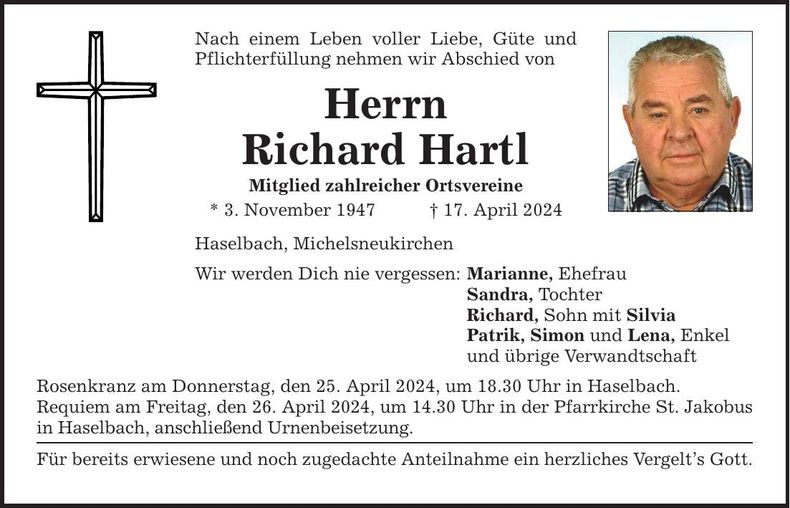Traueranzeige Richard Hartl
