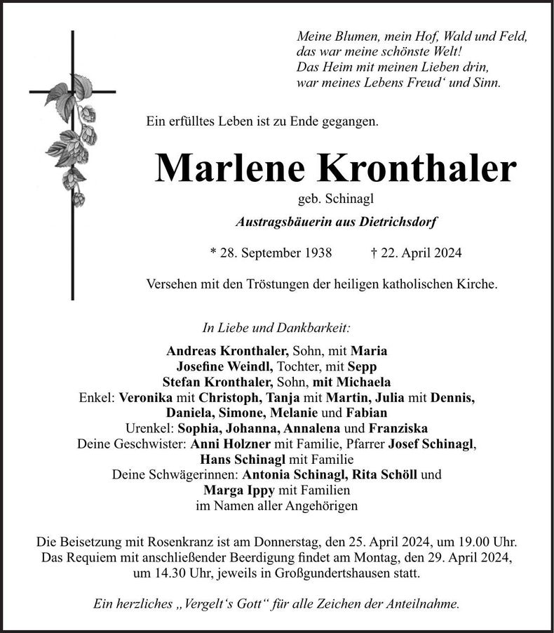 Traueranzeige Marlene Kronthaler
