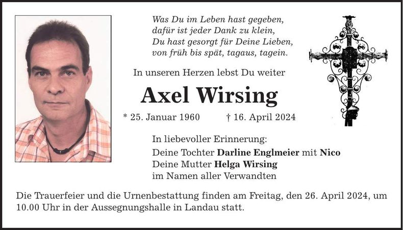 Traueranzeige Axel Wirsing