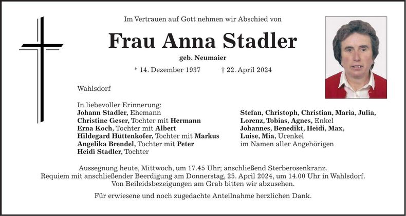 Traueranzeige Anna Stadler