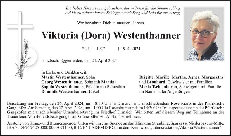 Traueranzeige Viktoria (Dora) Westenthanner