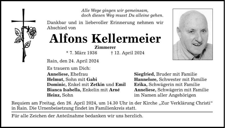 Traueranzeige Alfons Kellermeier