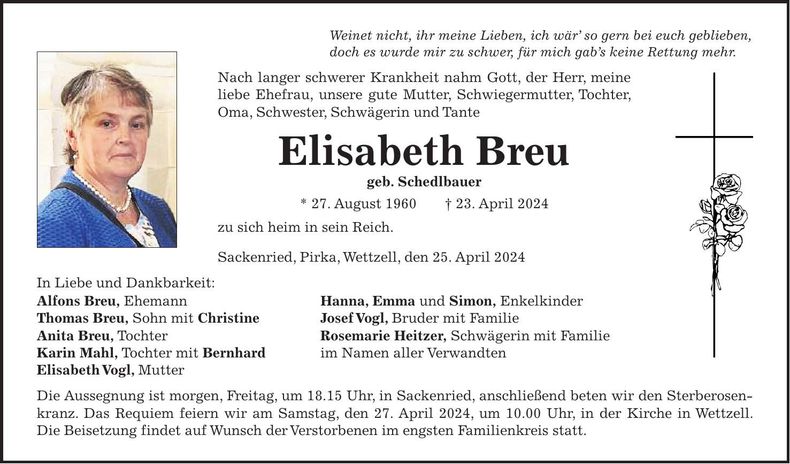 Traueranzeige Elisabeth Breu