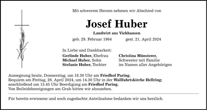 Traueranzeige Josef Huber