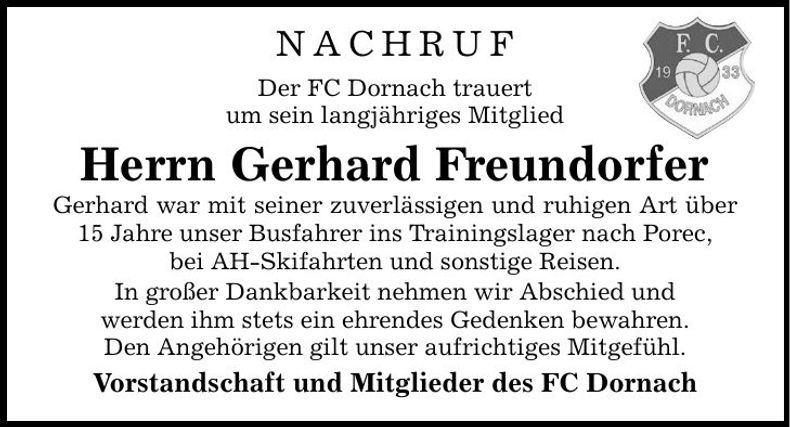 Traueranzeige Gerhard Freundorfer