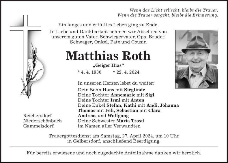 Traueranzeige Matthias Roth