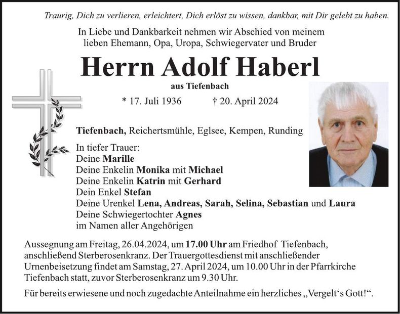 Traueranzeige Adolf Haberl