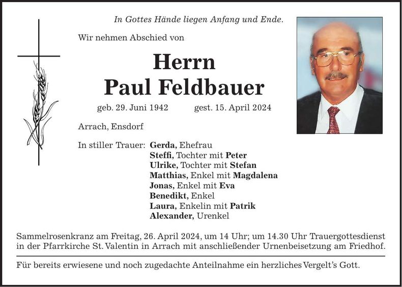 Traueranzeige Paul Feldbauer