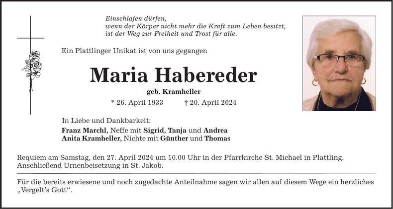 Traueranzeige Maria Habereder