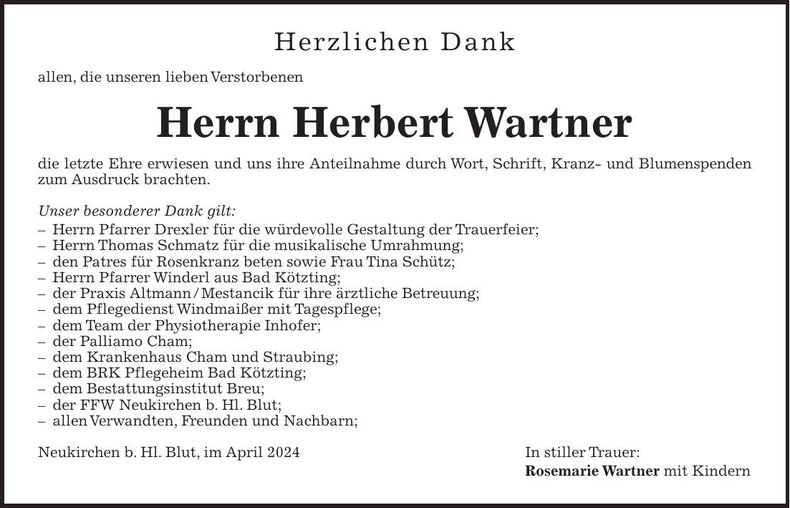 Traueranzeige Herbert Wartner