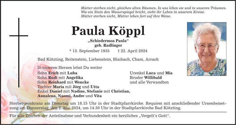 Traueranzeige Paula Köppl