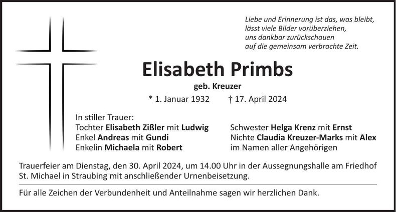 Traueranzeige Elisabeth Primbs