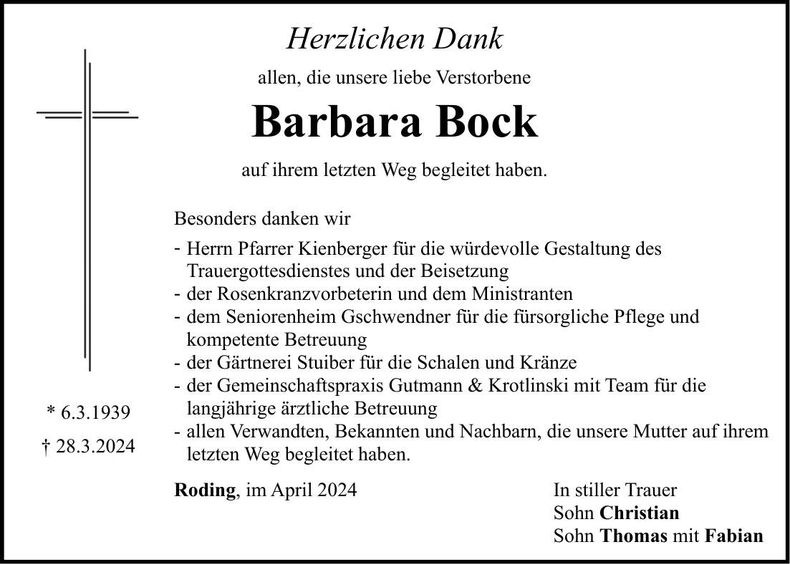 Traueranzeige Barbara Bock