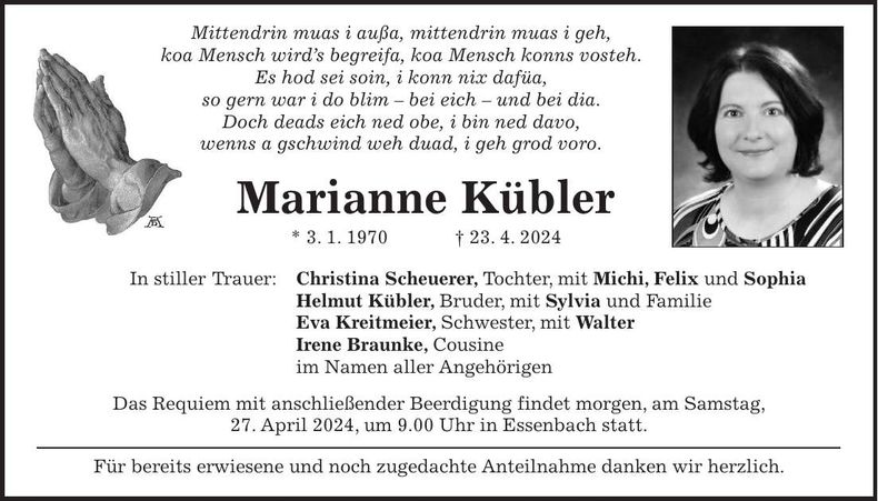 Traueranzeige Marianne Kübler