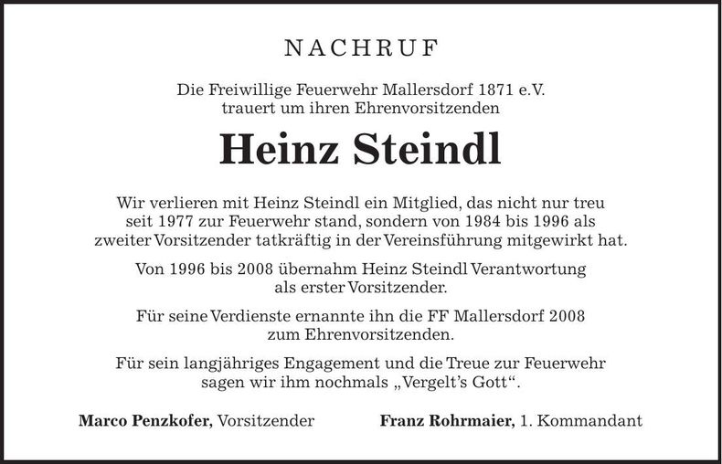 Traueranzeige Heinz Steindl