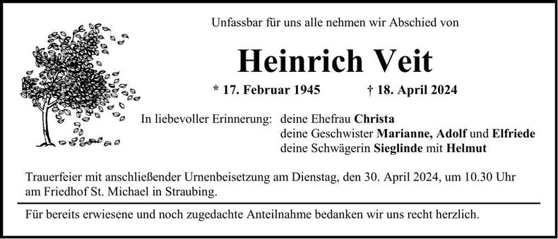 Traueranzeige Heinrich Veit