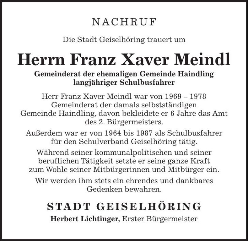 Traueranzeige Xaver Meindl