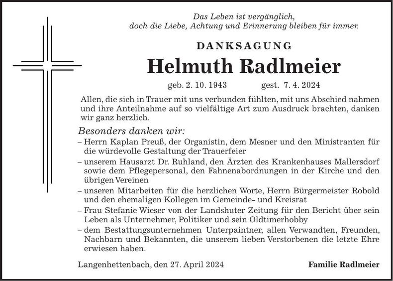 Traueranzeige Helmuth Radlmeier