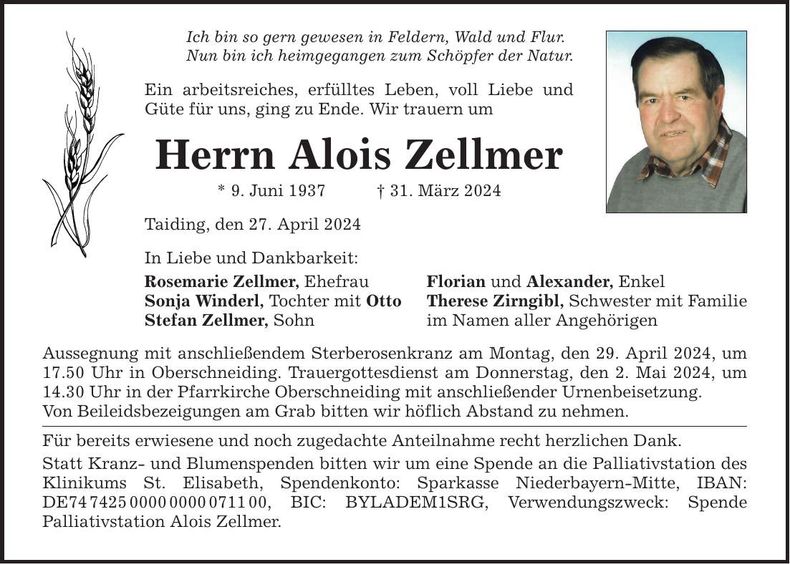 Traueranzeige Alois Zellmer