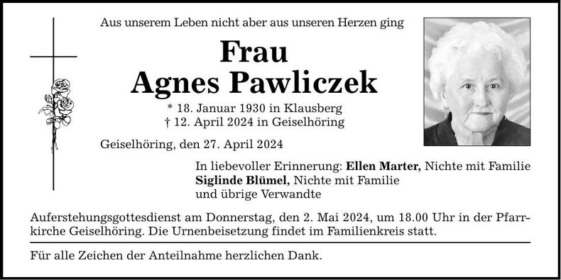 Traueranzeige Agnes Pawliczek