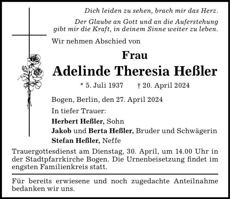 Traueranzeige Adelinde Heßler