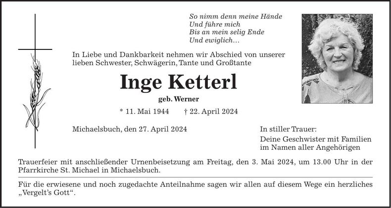 Traueranzeige Inge Ketterl