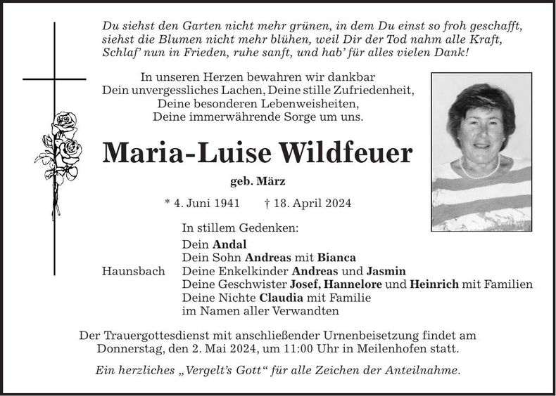Traueranzeige Maria-Luise Wildfeuer