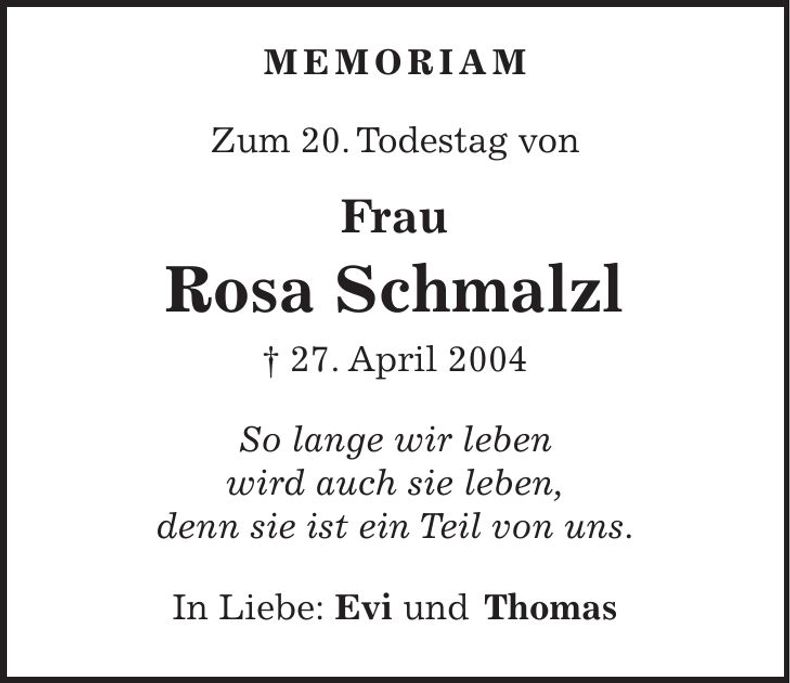 Traueranzeige Rosa Schmalzl