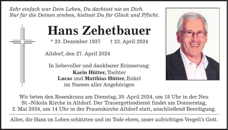 Traueranzeige Hans Zehetbauer