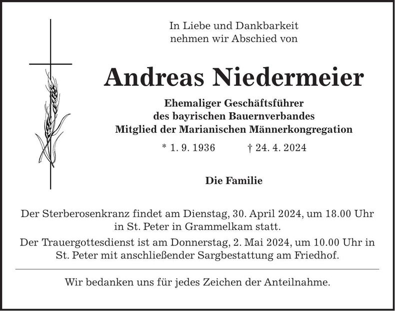 Traueranzeige Andreas Niedermeier
