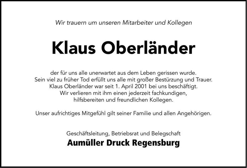 Traueranzeige Klaus Oberländer