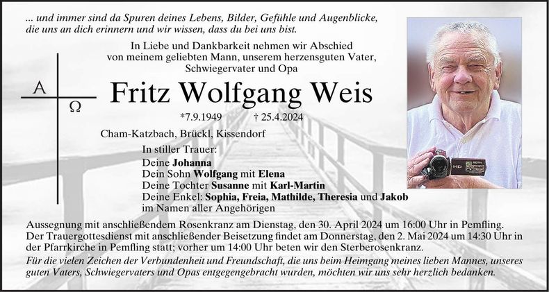 Traueranzeige Fritz Wolfgang Weis