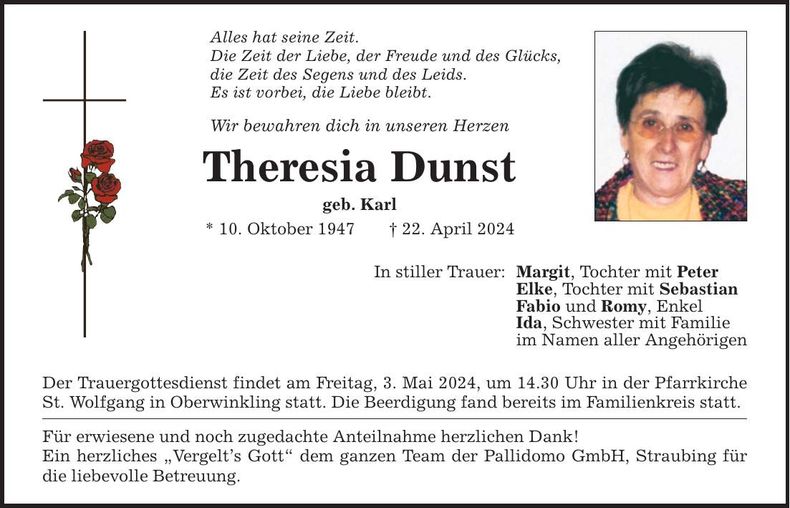 Traueranzeige Theresia Dunst