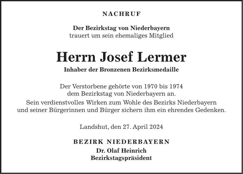 Traueranzeige Josef Lermer