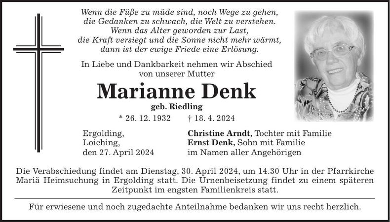 Traueranzeige Marianne Denk