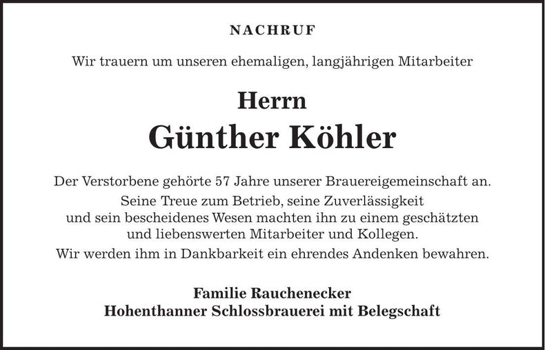 Traueranzeige Günther Köhler
