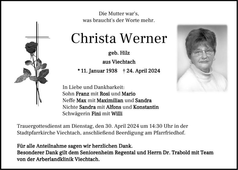 Traueranzeige Christa Werner